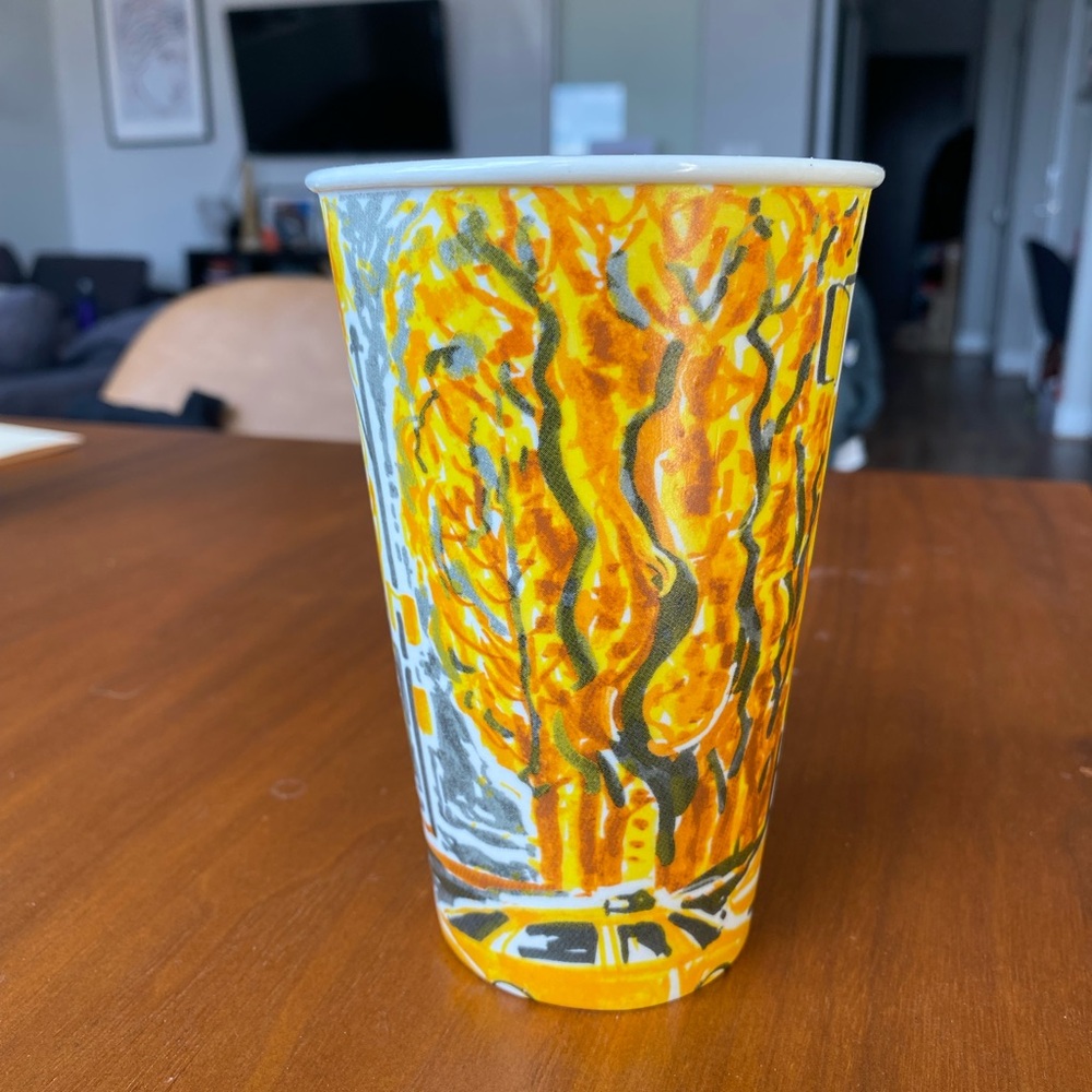 ~2010 Anthropologie painted ceramic cup - yellow trees with taxi